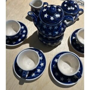 POLISH POTTERY Tea‎ NOWOGRODZIEC MINATURE TEA PARTY SET 14 PIECE STARBLUE WHITE